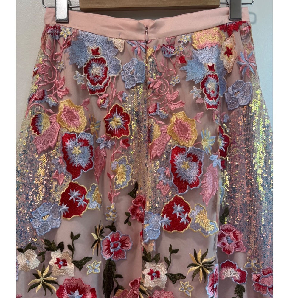 Eva Franco Pink Floral Embroidered Tulle Sequin Midi Skirt Womens Size 2 USA - Picture 6 of 8